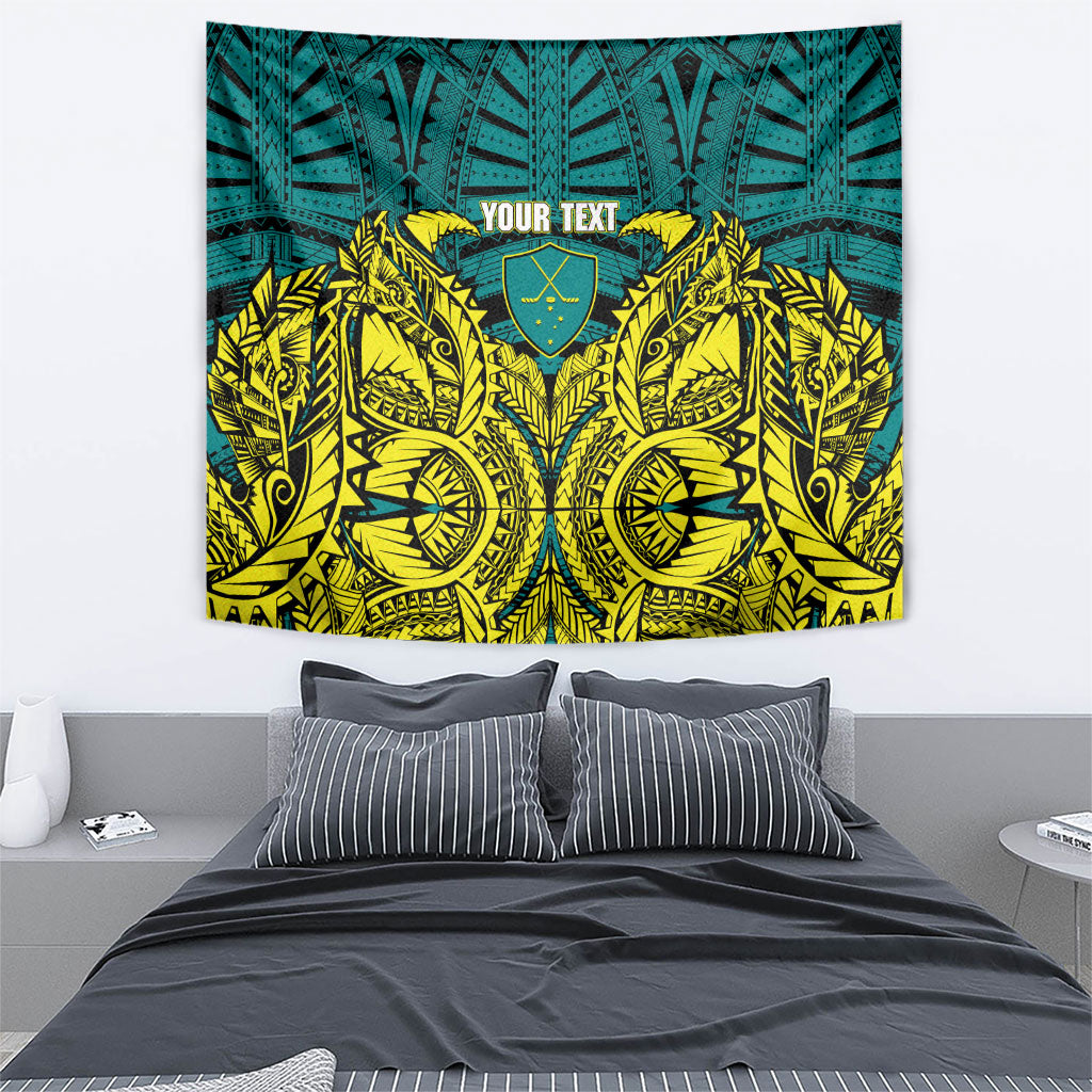 Personalized Hockeyroos Kangaroo Field Hockey Tapestry Tribal Geometric Green Gold Symmetrical Pattern Design