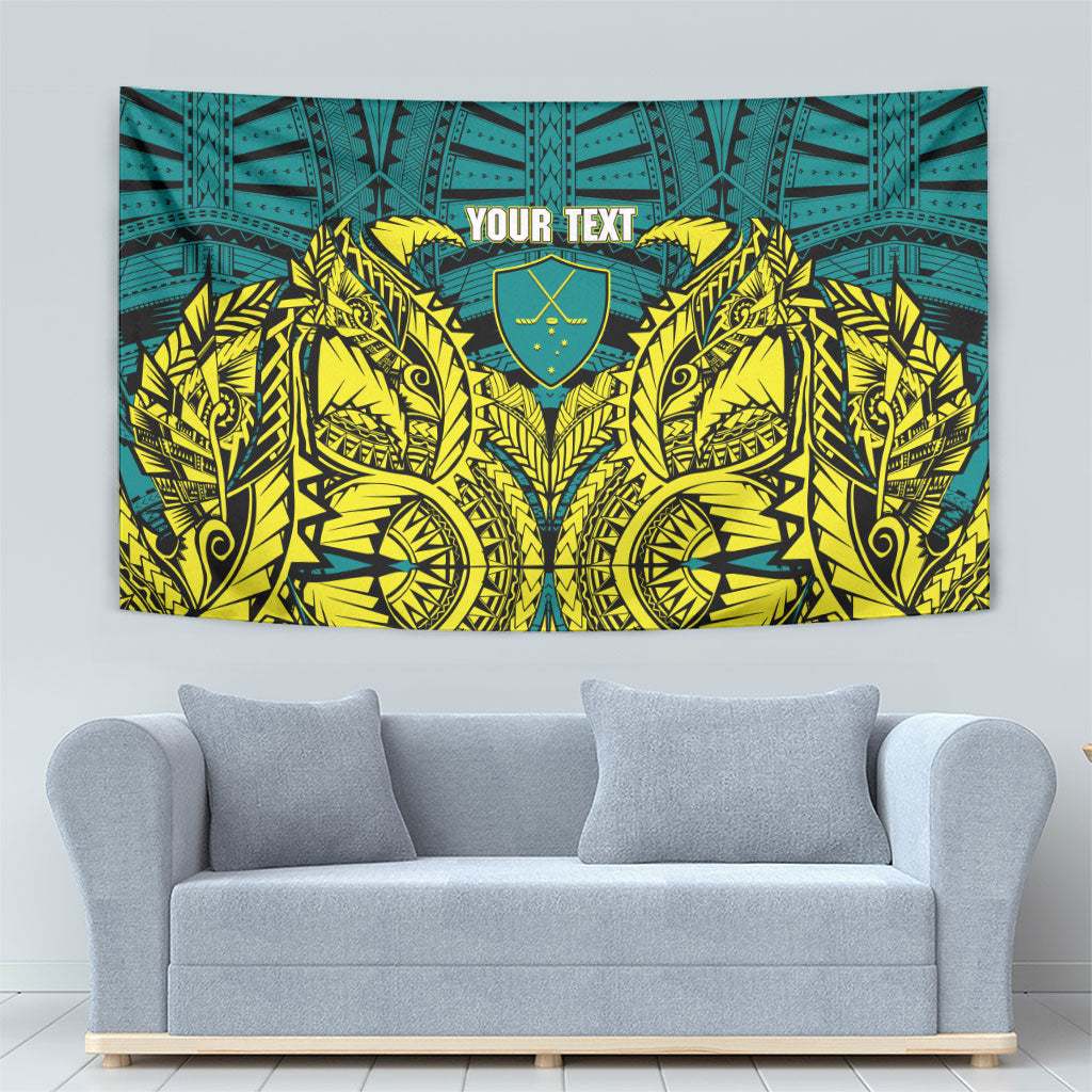Personalized Hockeyroos Kangaroo Field Hockey Tapestry Tribal Geometric Green Gold Symmetrical Pattern Design