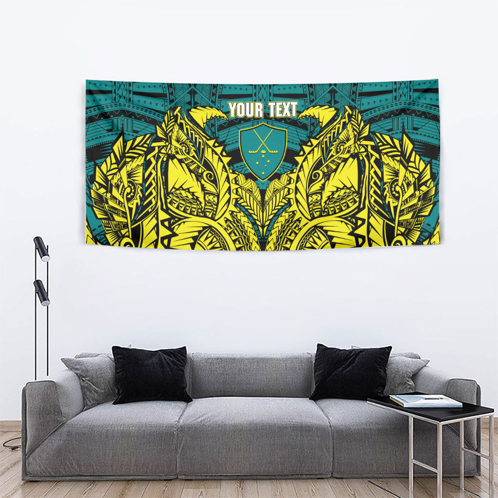 Personalized Hockeyroos Kangaroo Field Hockey Tapestry Tribal Geometric Green Gold Symmetrical Pattern Design