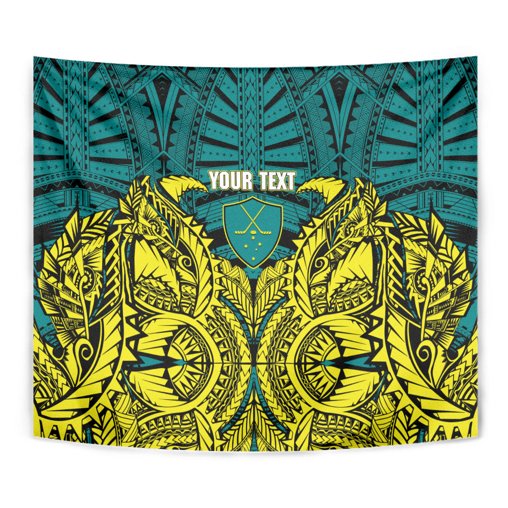 Personalized Hockeyroos Kangaroo Field Hockey Tapestry Tribal Geometric Green Gold Symmetrical Pattern Design