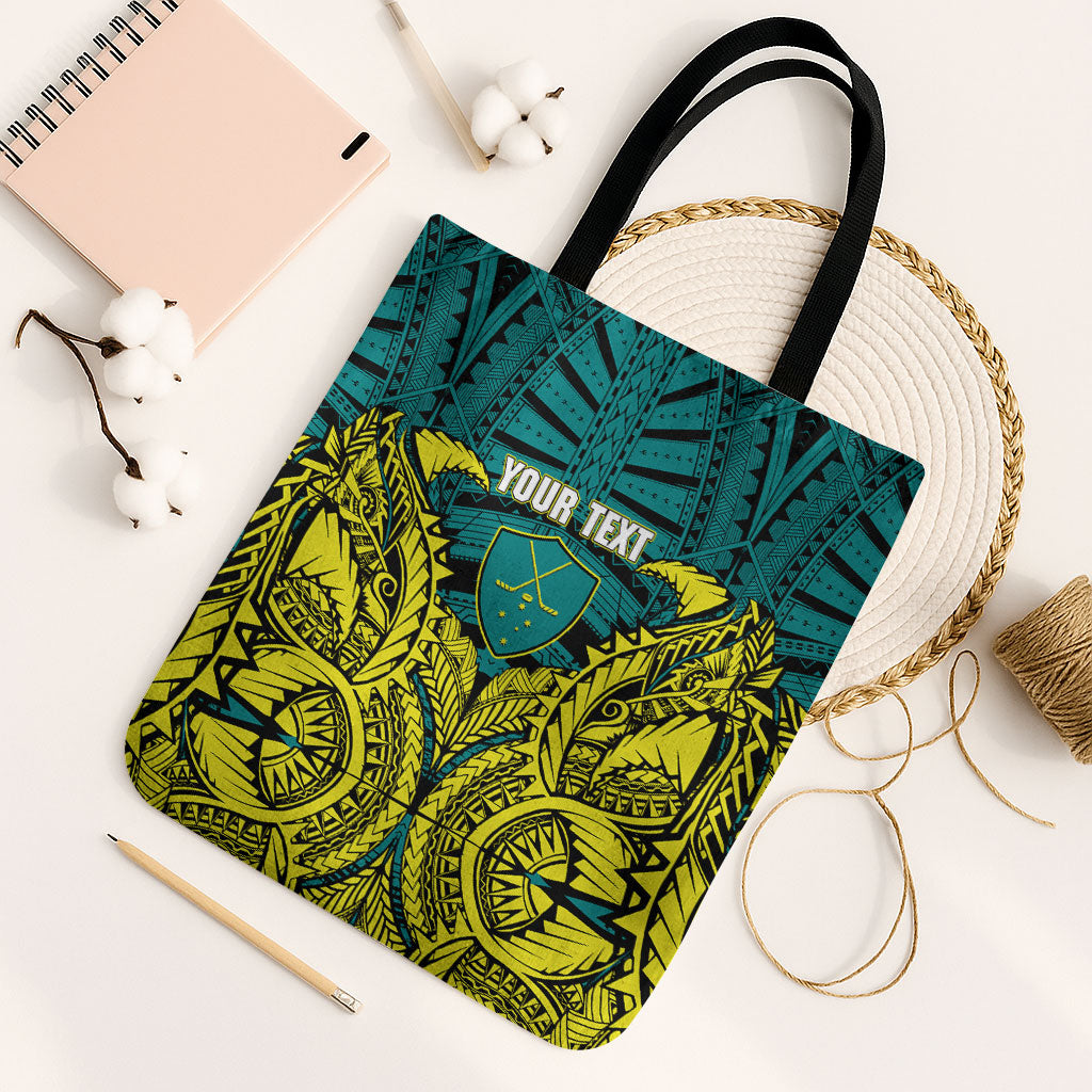 Personalized Hockeyroos Kangaroo Field Hockey Tote Bag Tribal Geometric Green Gold Symmetrical Pattern Design