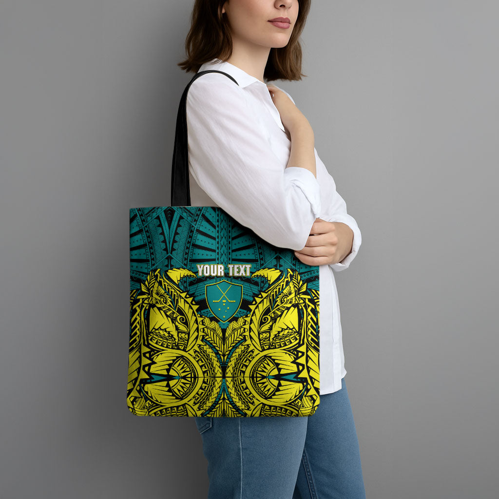 Personalized Hockeyroos Kangaroo Field Hockey Tote Bag Tribal Geometric Green Gold Symmetrical Pattern Design