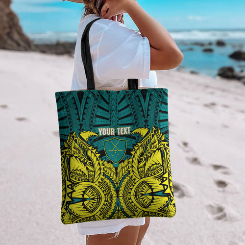 Personalized Hockeyroos Kangaroo Field Hockey Tote Bag Tribal Geometric Green Gold Symmetrical Pattern Design