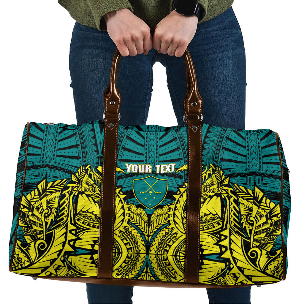 Personalized Hockeyroos Kangaroo Field Hockey Travel Bag Tribal Geometric Green Gold Symmetrical Pattern Design