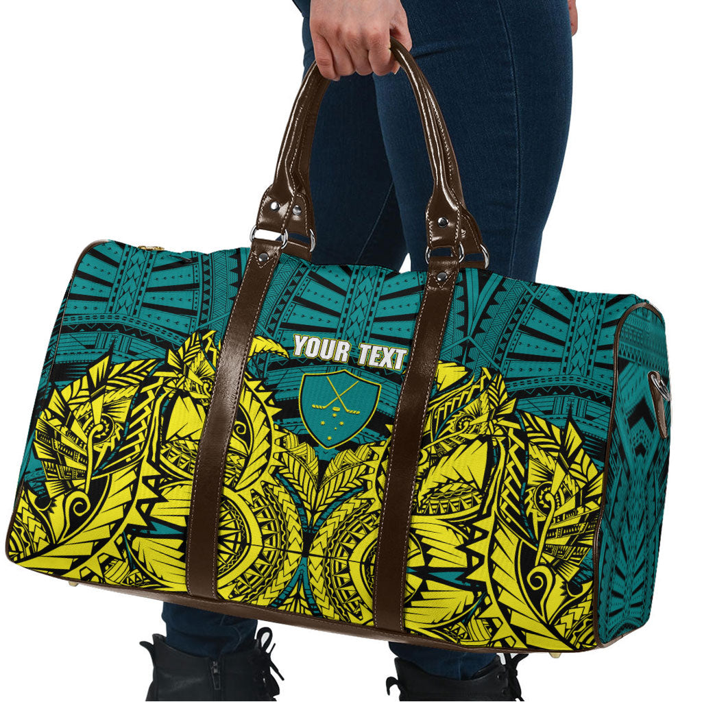 Personalized Hockeyroos Kangaroo Field Hockey Travel Bag Tribal Geometric Green Gold Symmetrical Pattern Design