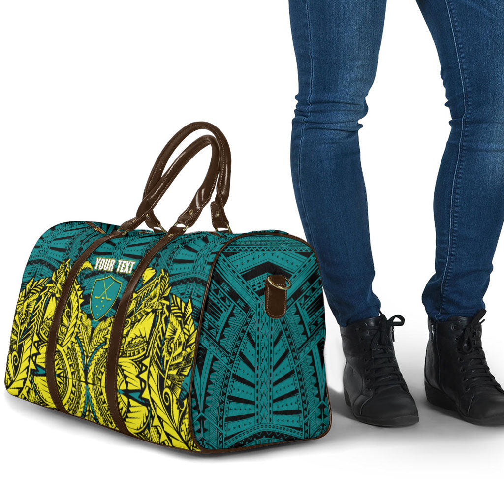 Personalized Hockeyroos Kangaroo Field Hockey Travel Bag Tribal Geometric Green Gold Symmetrical Pattern Design