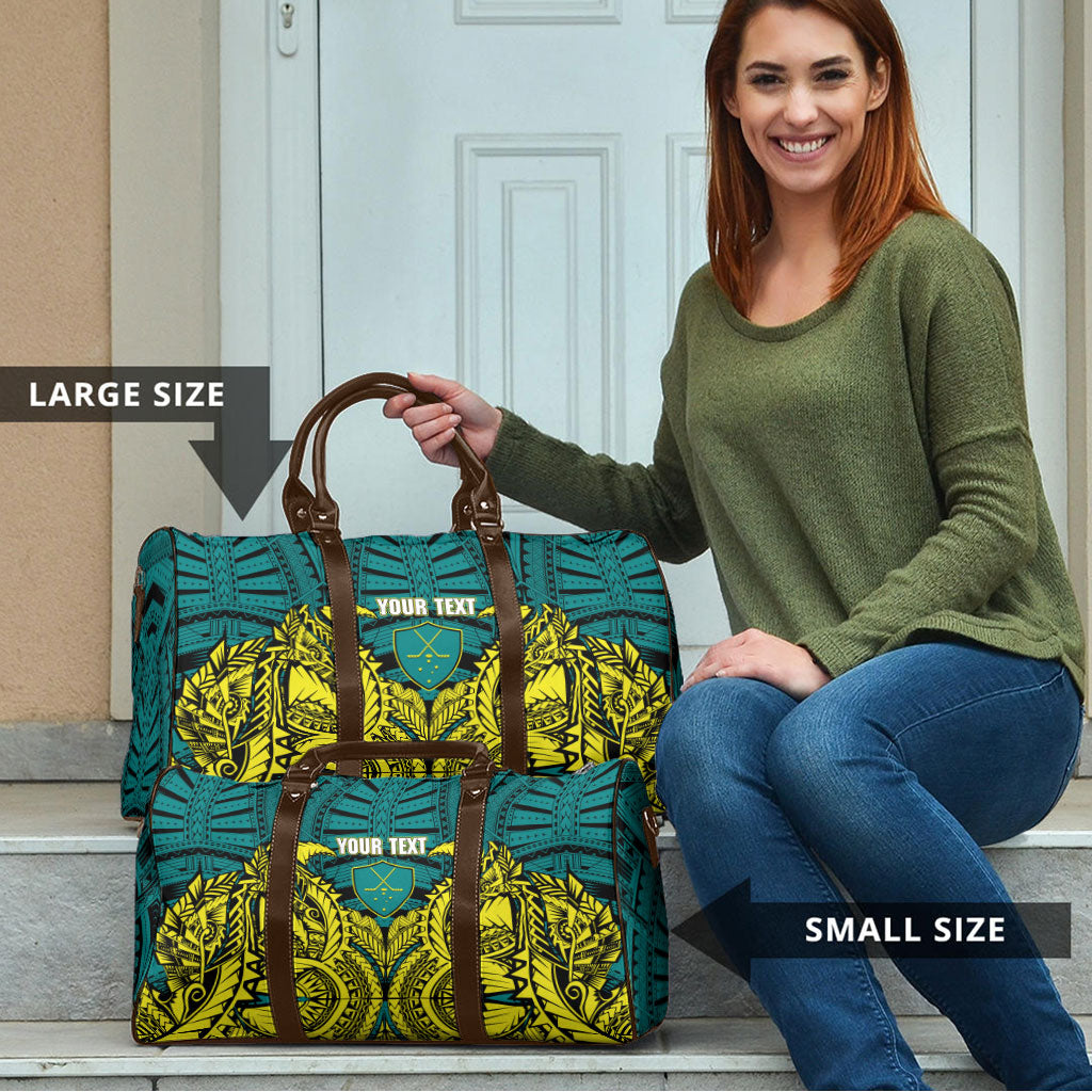 Personalized Hockeyroos Kangaroo Field Hockey Travel Bag Tribal Geometric Green Gold Symmetrical Pattern Design