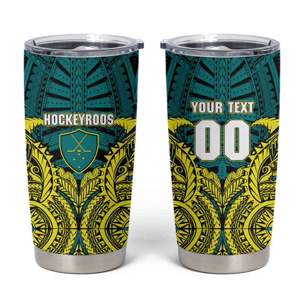 Personalized Hockeyroos Kangaroo Field Hockey Tumbler Cup Tribal Geometric Green Gold Symmetrical Pattern Design
