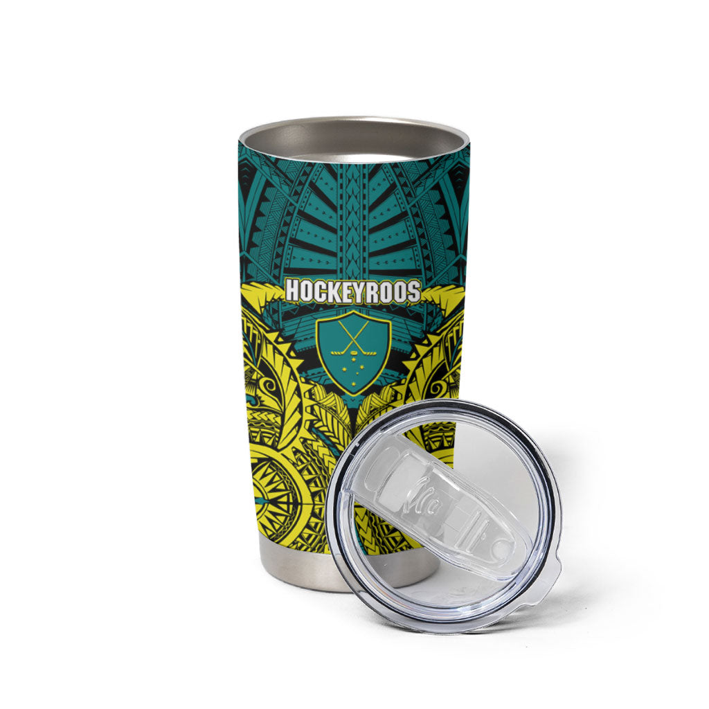 Personalized Hockeyroos Kangaroo Field Hockey Tumbler Cup Tribal Geometric Green Gold Symmetrical Pattern Design