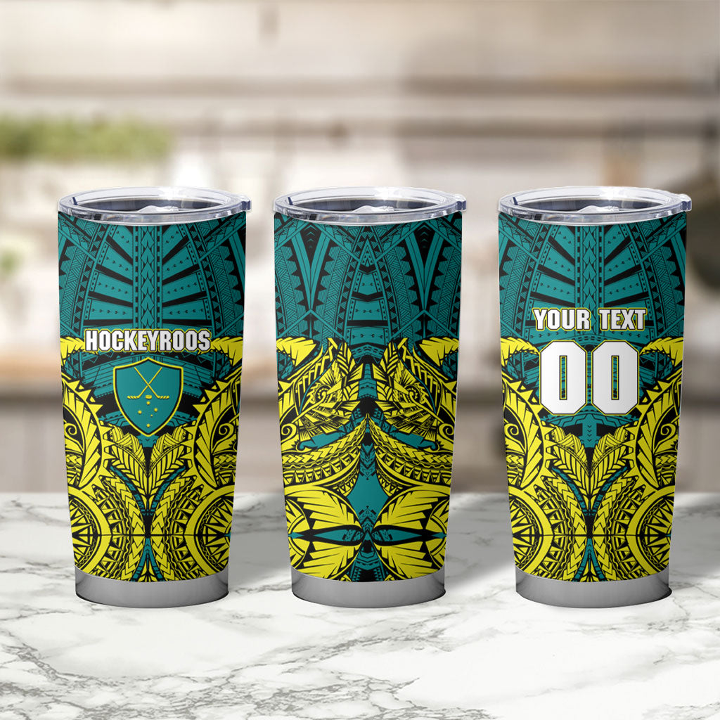 Personalized Hockeyroos Kangaroo Field Hockey Tumbler Cup Tribal Geometric Green Gold Symmetrical Pattern Design