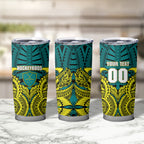 Personalized Hockeyroos Kangaroo Field Hockey Tumbler Cup Tribal Geometric Green Gold Symmetrical Pattern Design