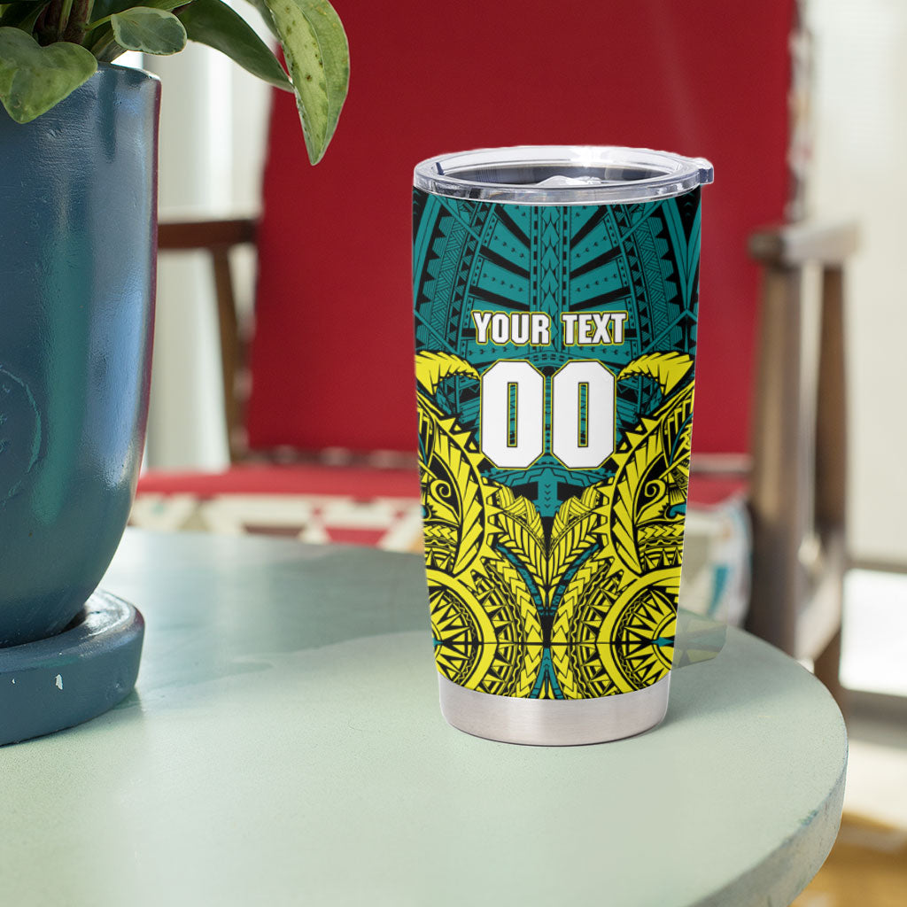 Personalized Hockeyroos Kangaroo Field Hockey Tumbler Cup Tribal Geometric Green Gold Symmetrical Pattern Design