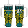 Personalized Hockeyroos Kangaroo Field Hockey Tumbler With Handle Tribal Geometric Green Gold Symmetrical Pattern Design