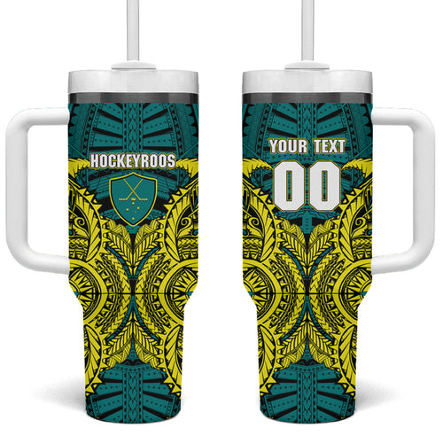 Personalized Hockeyroos Kangaroo Field Hockey Tumbler With Handle Tribal Geometric Green Gold Symmetrical Pattern Design