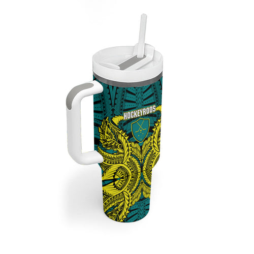 Personalized Hockeyroos Kangaroo Field Hockey Tumbler With Handle Tribal Geometric Green Gold Symmetrical Pattern Design