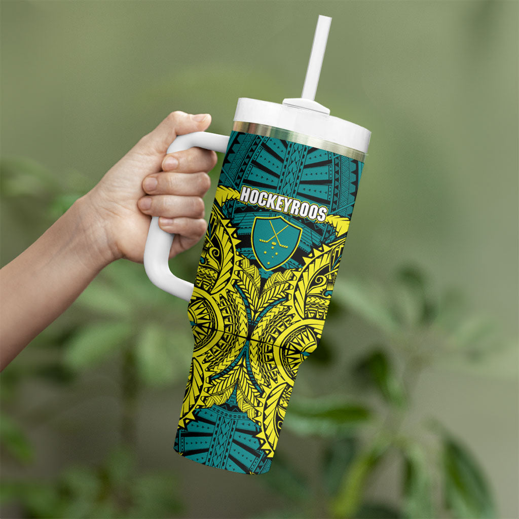Personalized Hockeyroos Kangaroo Field Hockey Tumbler With Handle Tribal Geometric Green Gold Symmetrical Pattern Design