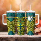 Personalized Hockeyroos Kangaroo Field Hockey Tumbler With Handle Tribal Geometric Green Gold Symmetrical Pattern Design