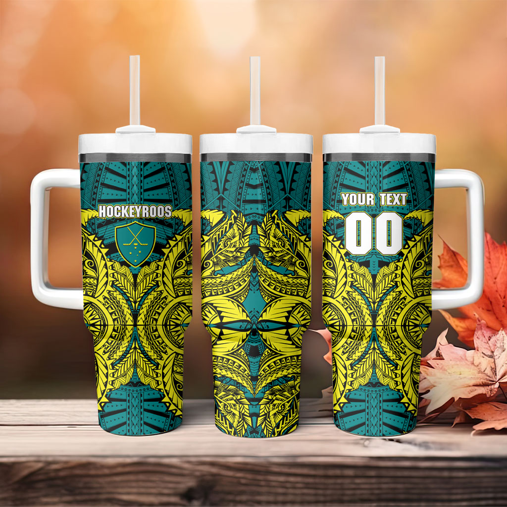 Personalized Hockeyroos Kangaroo Field Hockey Tumbler With Handle Tribal Geometric Green Gold Symmetrical Pattern Design