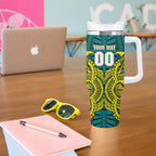 Personalized Hockeyroos Kangaroo Field Hockey Tumbler With Handle Tribal Geometric Green Gold Symmetrical Pattern Design