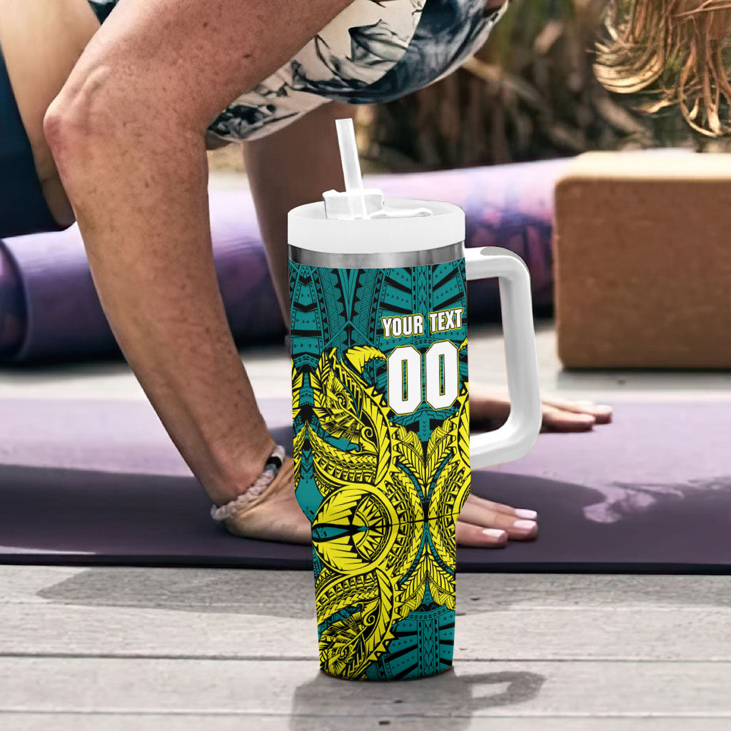 Personalized Hockeyroos Kangaroo Field Hockey Tumbler With Handle Tribal Geometric Green Gold Symmetrical Pattern Design