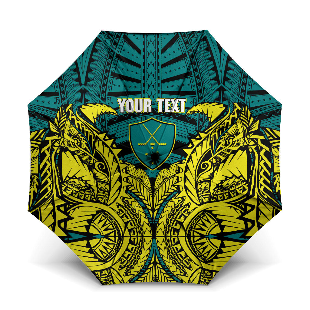 Personalized Hockeyroos Kangaroo Field Hockey Umbrella Tribal Geometric Green Gold Symmetrical Pattern Design