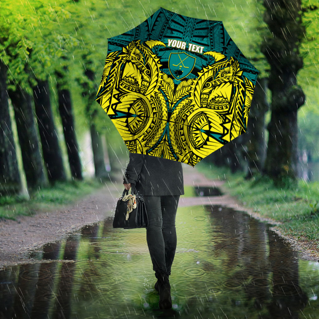 Personalized Hockeyroos Kangaroo Field Hockey Umbrella Tribal Geometric Green Gold Symmetrical Pattern Design