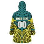 Personalized Hockeyroos Kangaroo Field Hockey Wearable Blanket Hoodie Tribal Geometric Green Gold Symmetrical Pattern Design