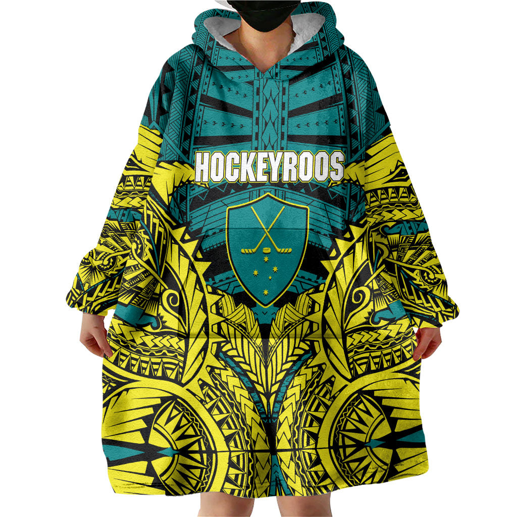 Personalized Hockeyroos Kangaroo Field Hockey Wearable Blanket Hoodie Tribal Geometric Green Gold Symmetrical Pattern Design
