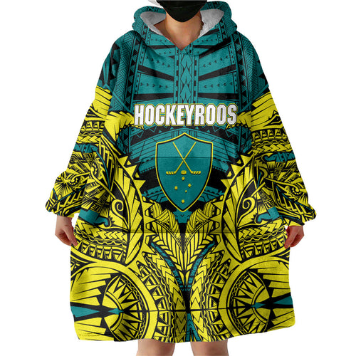 Personalized Hockeyroos Kangaroo Field Hockey Wearable Blanket Hoodie Tribal Geometric Green Gold Symmetrical Pattern Design