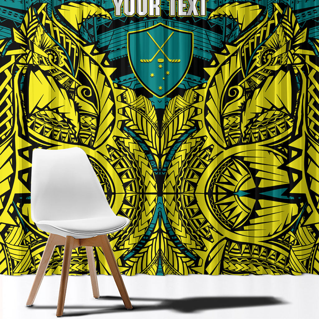 Personalized Hockeyroos Kangaroo Field Hockey Window Curtain Tribal Geometric Green Gold Symmetrical Pattern Design