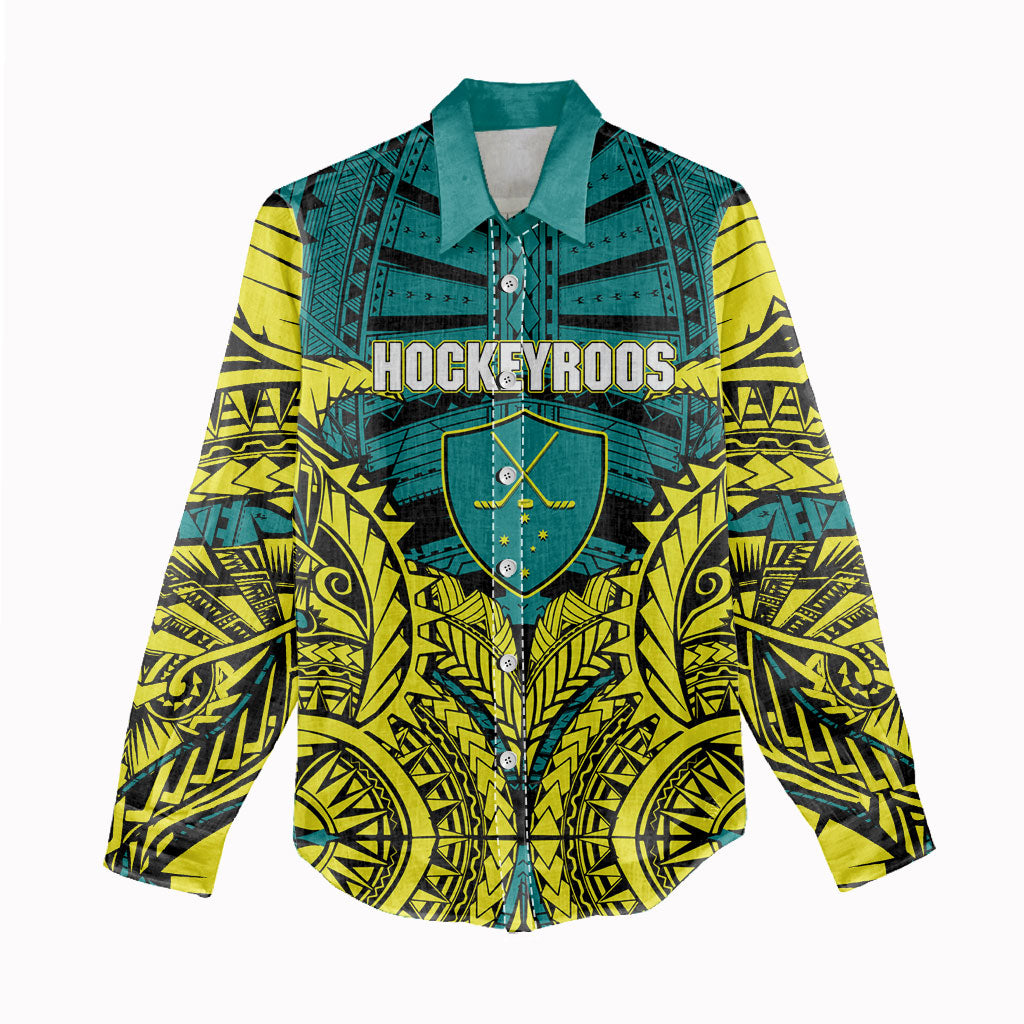Personalized Hockeyroos Kangaroo Field Hockey Women Casual Shirt Tribal Geometric Green Gold Symmetrical Pattern Design