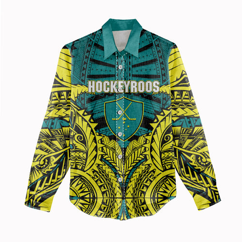 Personalized Hockeyroos Kangaroo Field Hockey Women Casual Shirt Tribal Geometric Green Gold Symmetrical Pattern Design