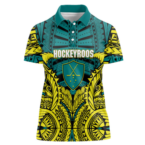 Personalized Hockeyroos Kangaroo Field Hockey Women Polo Shirt Tribal Geometric Green Gold Symmetrical Pattern Design