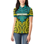 Personalized Hockeyroos Kangaroo Field Hockey Women Polo Shirt Tribal Geometric Green Gold Symmetrical Pattern Design