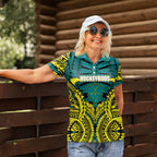 Personalized Hockeyroos Kangaroo Field Hockey Women Polo Shirt Tribal Geometric Green Gold Symmetrical Pattern Design