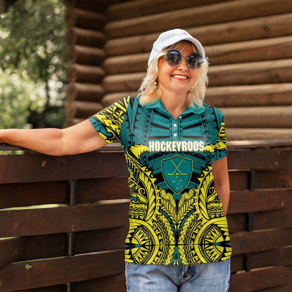 Personalized Hockeyroos Kangaroo Field Hockey Women Polo Shirt Tribal Geometric Green Gold Symmetrical Pattern Design