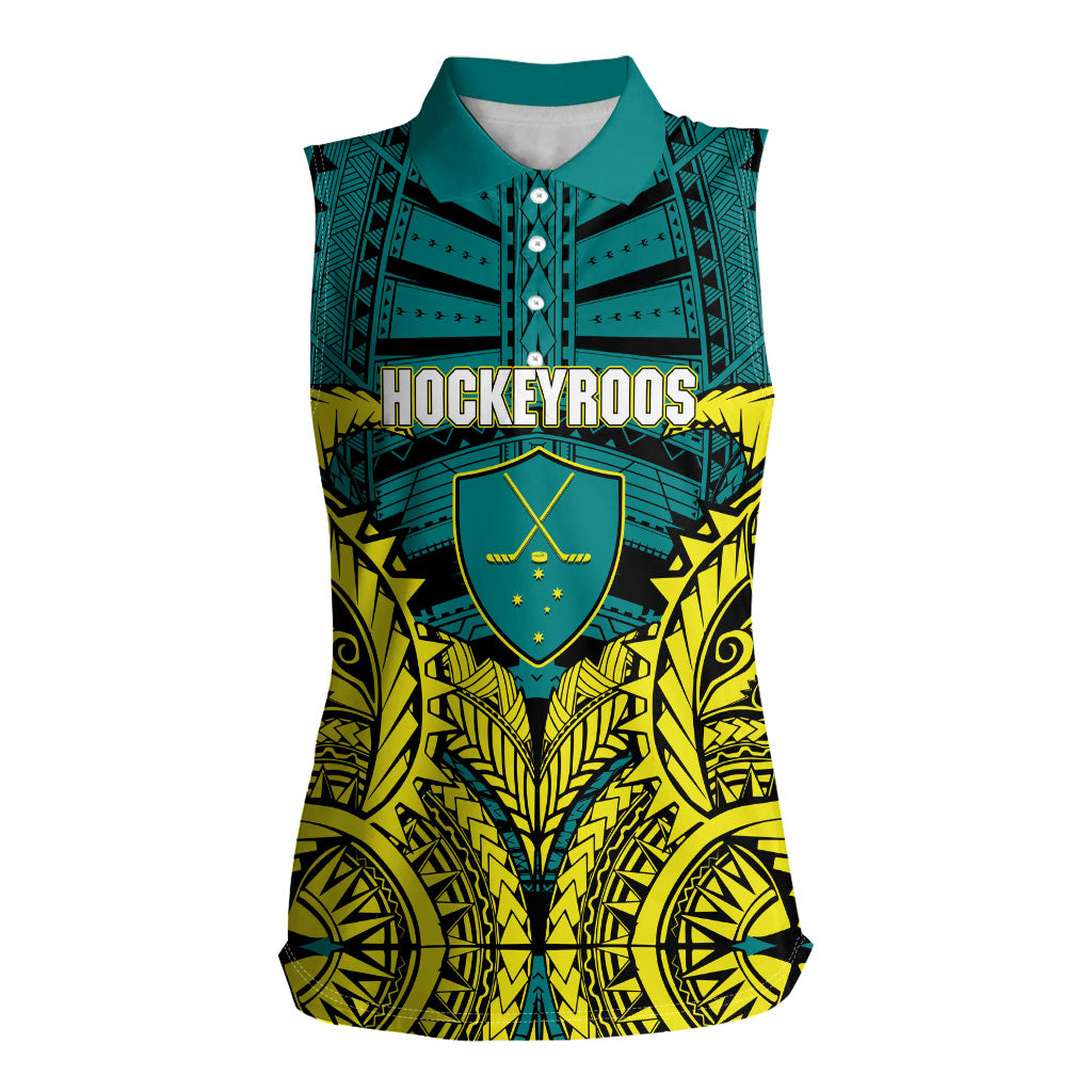 Personalized Hockeyroos Kangaroo Field Hockey Women Sleeveless Polo Shirt Tribal Geometric Green Gold Symmetrical Pattern Design