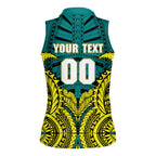 Personalized Hockeyroos Kangaroo Field Hockey Women Sleeveless Polo Shirt Tribal Geometric Green Gold Symmetrical Pattern Design