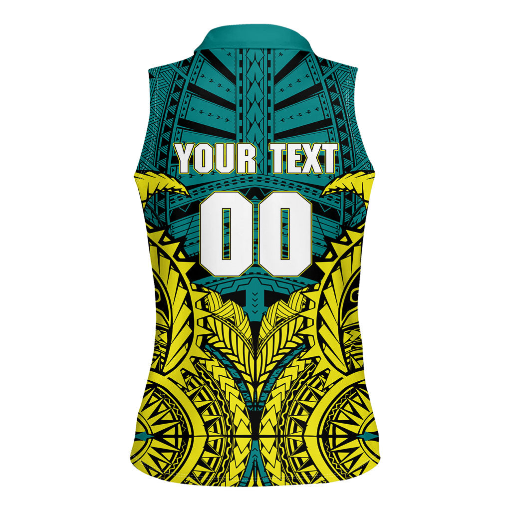 Personalized Hockeyroos Kangaroo Field Hockey Women Sleeveless Polo Shirt Tribal Geometric Green Gold Symmetrical Pattern Design