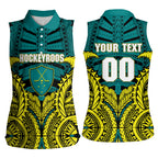 Personalized Hockeyroos Kangaroo Field Hockey Women Sleeveless Polo Shirt Tribal Geometric Green Gold Symmetrical Pattern Design
