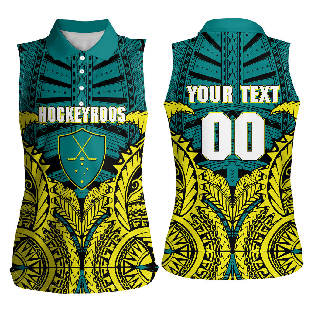 Personalized Hockeyroos Kangaroo Field Hockey Women Sleeveless Polo Shirt Tribal Geometric Green Gold Symmetrical Pattern Design