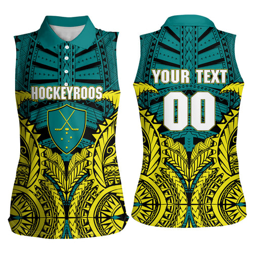 Personalized Hockeyroos Kangaroo Field Hockey Women Sleeveless Polo Shirt Tribal Geometric Green Gold Symmetrical Pattern Design