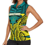 Personalized Hockeyroos Kangaroo Field Hockey Women Sleeveless Polo Shirt Tribal Geometric Green Gold Symmetrical Pattern Design