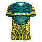 Personalized Hockeyroos Kangaroo Field Hockey Women V-Neck T-Shirt Tribal Geometric Green Gold Symmetrical Pattern Design