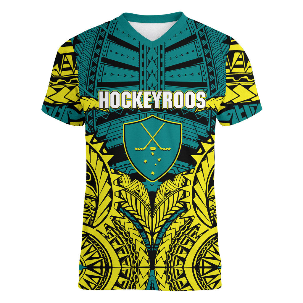 Personalized Hockeyroos Kangaroo Field Hockey Women V-Neck T-Shirt Tribal Geometric Green Gold Symmetrical Pattern Design