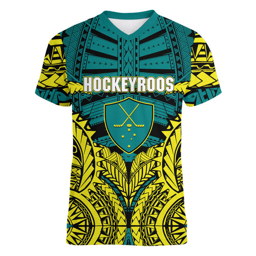 Personalized Hockeyroos Kangaroo Field Hockey Women V-Neck T-Shirt Tribal Geometric Green Gold Symmetrical Pattern Design