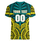 Personalized Hockeyroos Kangaroo Field Hockey Women V-Neck T-Shirt Tribal Geometric Green Gold Symmetrical Pattern Design