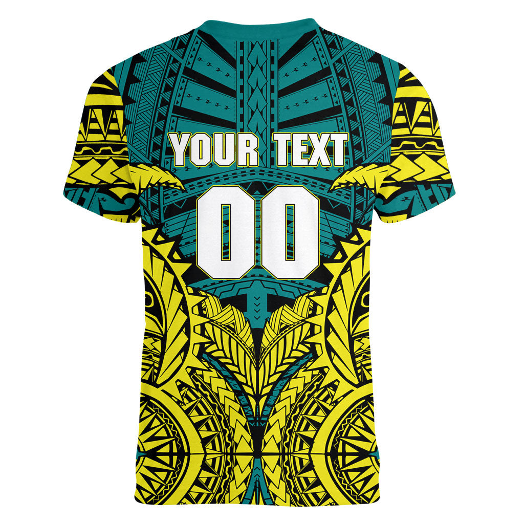 Personalized Hockeyroos Kangaroo Field Hockey Women V-Neck T-Shirt Tribal Geometric Green Gold Symmetrical Pattern Design