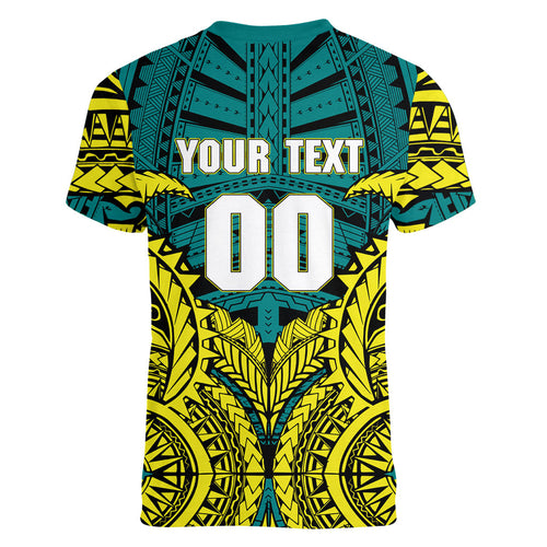 Personalized Hockeyroos Kangaroo Field Hockey Women V-Neck T-Shirt Tribal Geometric Green Gold Symmetrical Pattern Design