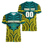 Personalized Hockeyroos Kangaroo Field Hockey Women V-Neck T-Shirt Tribal Geometric Green Gold Symmetrical Pattern Design
